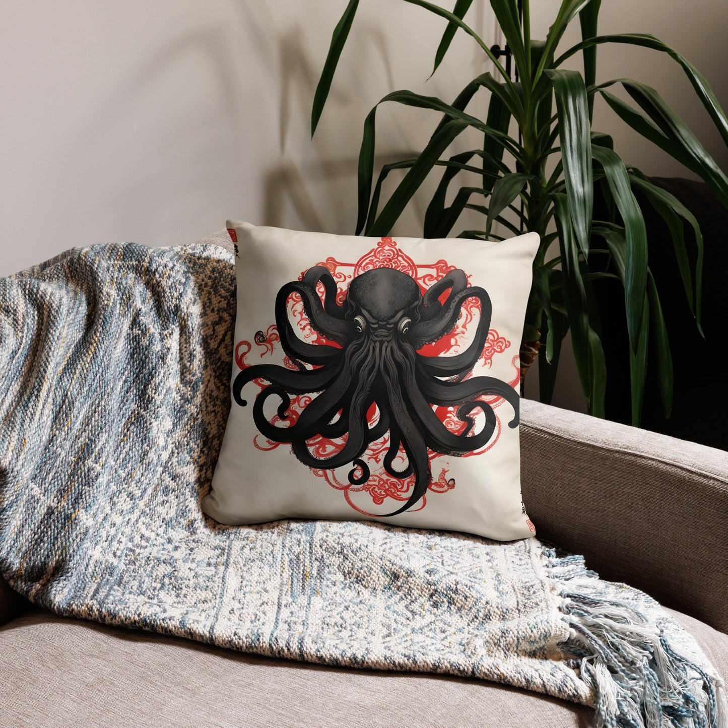 Funda de almohada con pintura de tinta asiática de Cthulhu