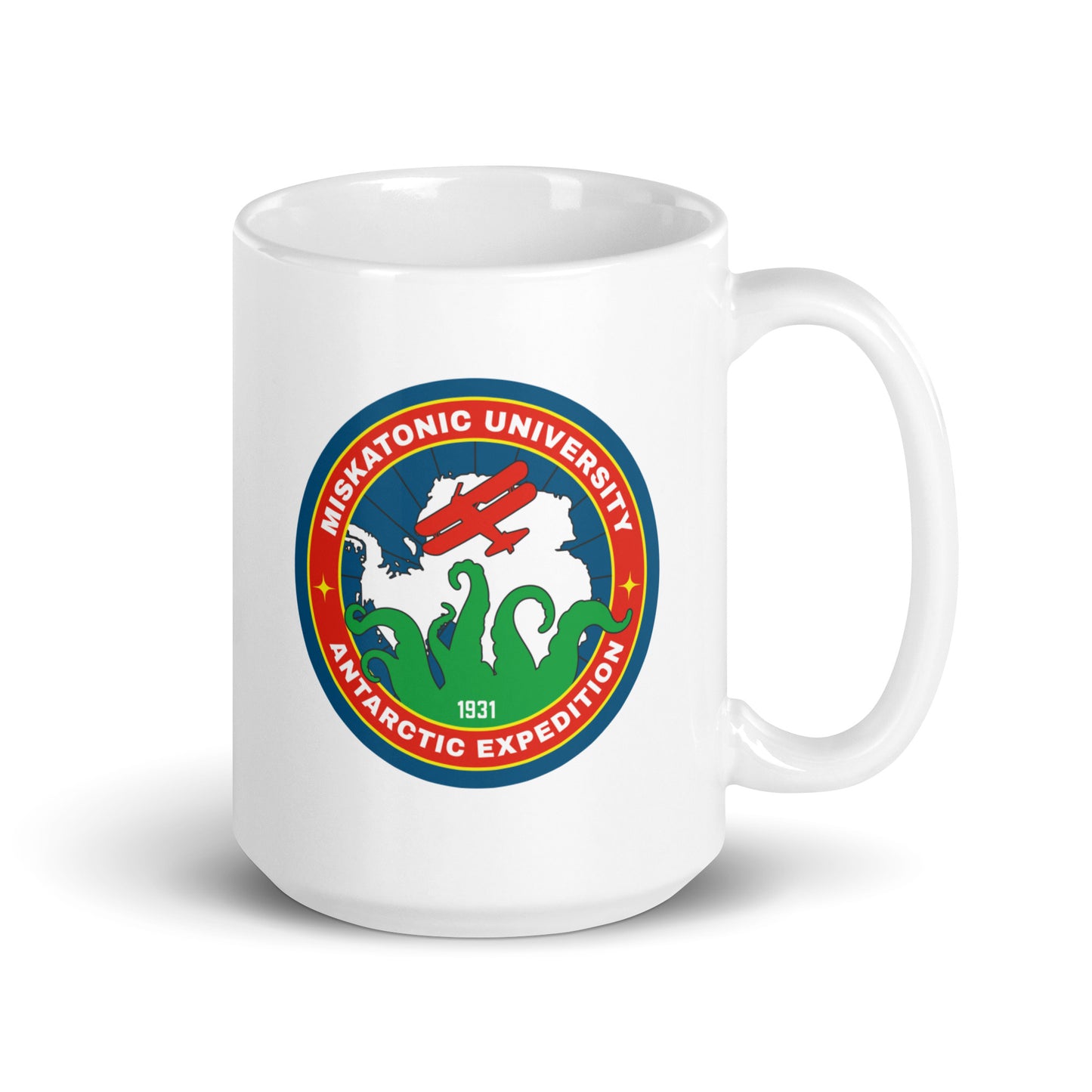 Taza blanca brillante de la Expedición Antártica de la Universidad de Miskatonic